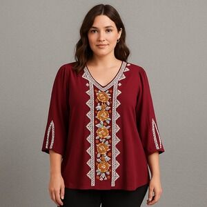 Embroidered Top Womens 1X Maroon Boho Floral Peasant Rustic Festival‎ Feminine